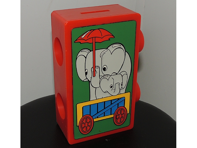 Coin Bank, Duplo Brick 1 x 2 with Circus Elephants Pattern (Glazed Image)