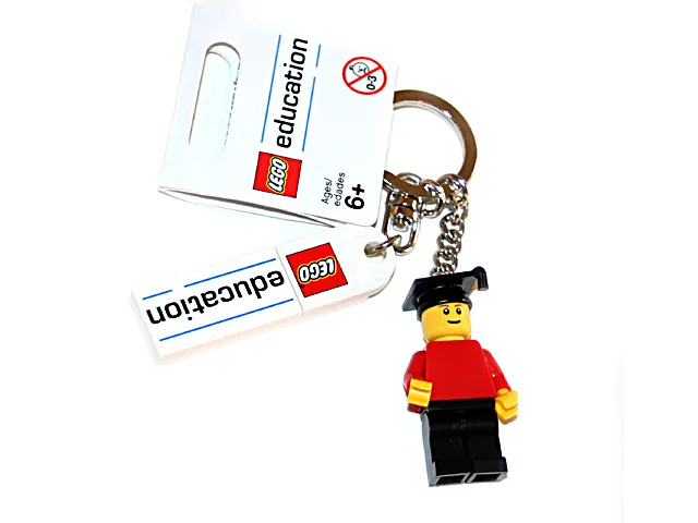 Minifigure Graduate Key Chain with Lego Logo Tile, Modified 3 x 2 Curved and Tile 2 x 4 with 'education' Pattern