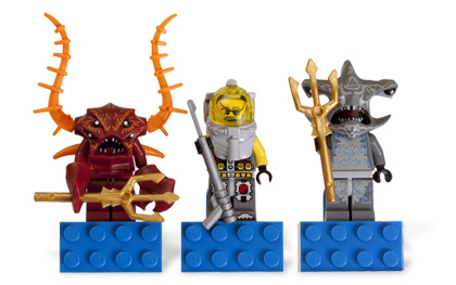 Magnet Set, Minifigures Atlantis (3) - Lobster Guardian, Hammerhead Guardian and Captain Ace Speedman - Glued with 2 x 4 Brick Bases blister pack