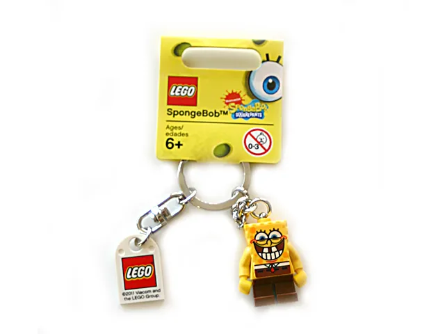 SpongeBob Grin with Bottom Teeth Key Chain with Lego Logo Tile, Modified 3 x 2 Curved with Hole