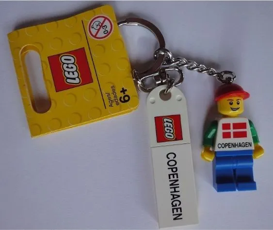 Minifigure Male with Danish Flag and Key Chain with Lego Logo Tile, Modified 3 x 2 Curved and Tile 2 x 4 with 'COPENHAGEN' Pattern