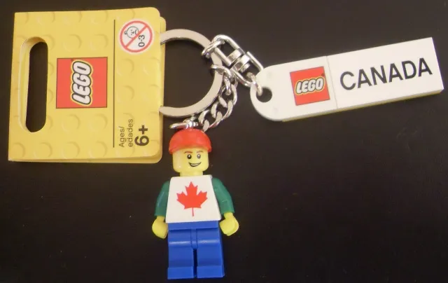 Minifigure Male with Maple Leaf Key Chain with Lego Logo Tile, Modified 3 x 2 Curved and Tile 2 x 4 with 'CANADA' Pattern
