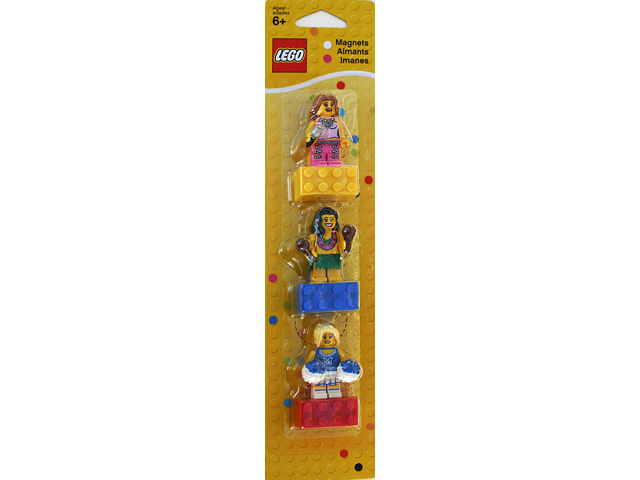 Magnet Set, Minifigures Females (3) - Pop Star, Hula Dancer, Cheerleader - Glued with 2 x 4 Brick Bases blister pack