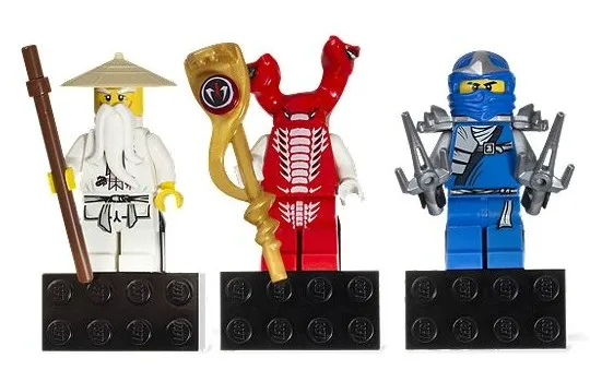 Magnet Set, Minifigures NINJAGO (3) - Sensei Wu, Fangdam, Jay ZX - Glued with 2 x 4 Brick Bases blister pack
