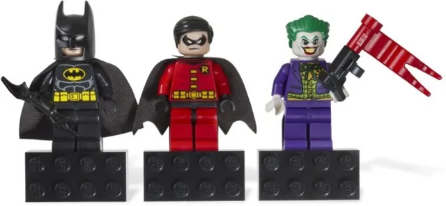 Magnet Set, Minifigures Super Heroes (3) - Batman, Robin, Joker - Glued with 2 x 4 Brick Bases blister pack