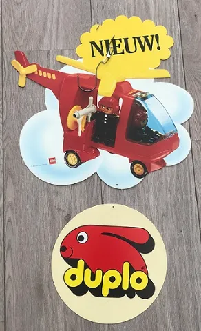 Display Sign Hanging, Duplo 2677 Fire Helicopter, Two-Part, Double-Sided