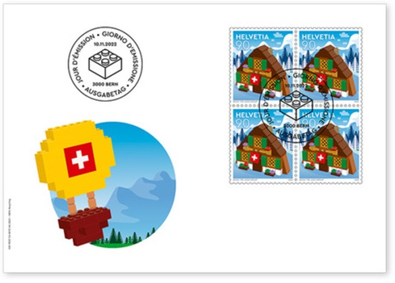 LEGO Stamp Switzerland First Day Cover, November 11, 2022 - Chalet (Sheet of 4)