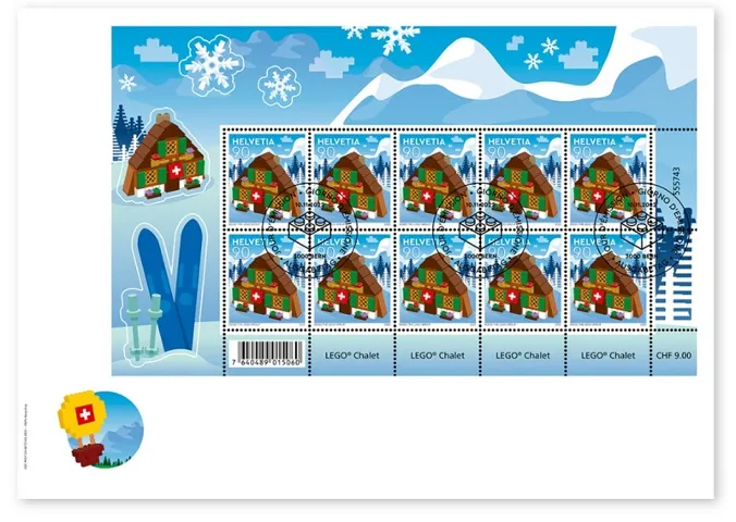 LEGO Stamp Switzerland First Day Cover, November 11, 2022 - Chalet (Complete Sheet of 10)