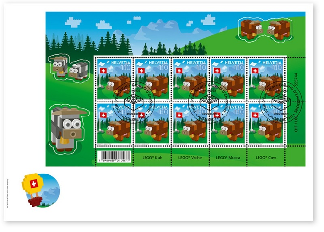 LEGO Stamp Switzerland First Day Cover, November 11, 2022 - Cow (Complete Sheet of 10)