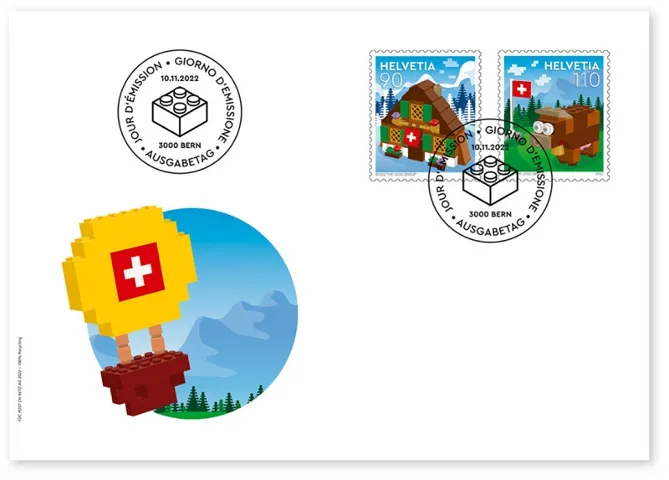 LEGO Stamp Switzerland First Day Cover, November 11, 2022 - Chalet and Cow