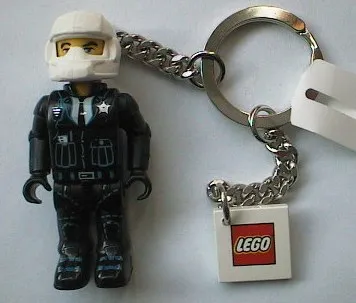 Policeman with White Helmet and Black Pants Key Chain with 2 x 2 Square Lego Logo Tile