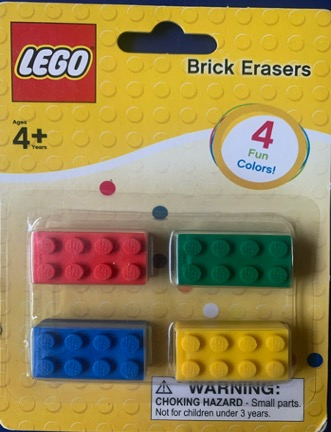 Eraser, LEGO Brick Eraser Set of 4 (Yellow, Blue, Green & Red) wide blister pack