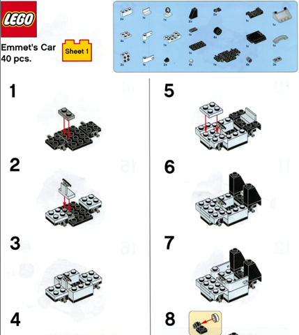 Toys "R" Us Exclusive Build Instructions: Emmet's Car (Sheet 1)