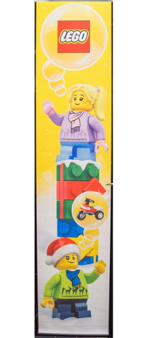 Display Flag Cloth, Minifigures with Christmas Gifts and LEGO Logo and Tricycle in Thought Bubbles - Double-Sided