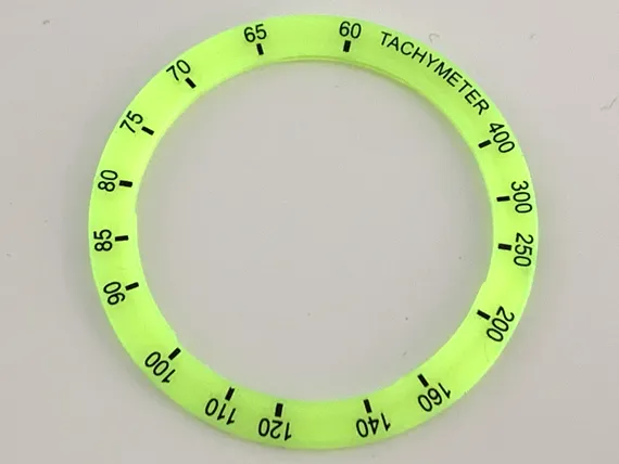Watch Part, Case Attachment - Bezel Ring Wide with Black 'TACHYMETER', Numbers, and Tick Marks Pattern