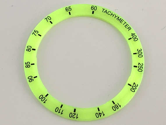Watch Part, Case Attachment - Bezel Ring Wide with Black 'TACHYMETER', Numbers, and Tick Marks Pattern