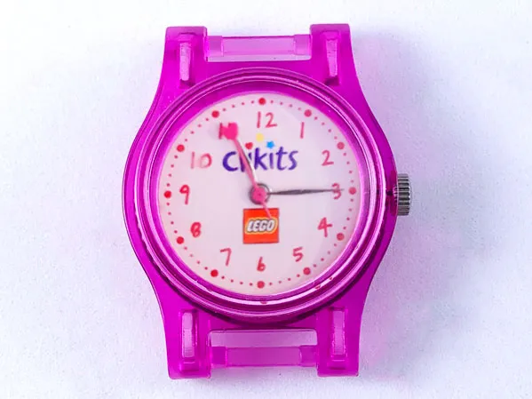 Watch Part, Case Analog, Clikits - LEGO Logo, Silver Hour and Minute Hands, Dark Pink Second Hand with Heart