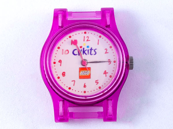 Watch Part, Case Analog, Clikits - LEGO Logo, Silver Hour and Minute Hands, Dark Pink Second Hand with Heart