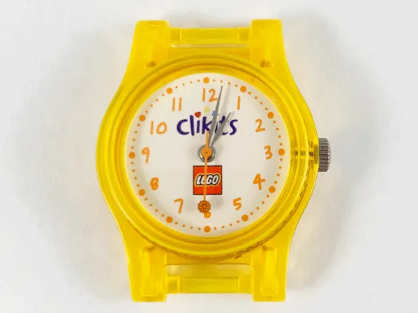 Watch Part, Case Analog, Clikits - LEGO Logo, Silver Hour and Minute Hands, Orange Second Hand with Flower