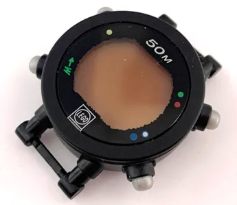 Watch Part, Case Digital - Pearl Light Gray Buttons, Black Face, White Brick 1 x 1 and '50M', Colored Dots