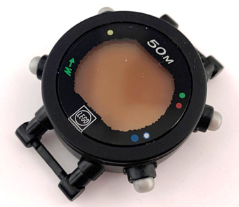 Watch Part, Case Digital - Pearl Light Gray Buttons, Black Face, White Brick 1 x 1 and '50M', Colored Dots