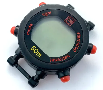 Watch Part, Case Digital - Red Buttons, Black Face, Red Brick 1 x 1 and Labels, Yellow '50m'