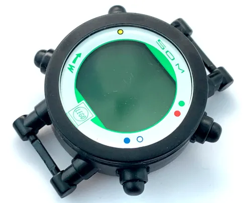 Watch Part, Case Digital - Black Buttons, White Face, Green Brick 1 x 1 and '50M', Colored Dots