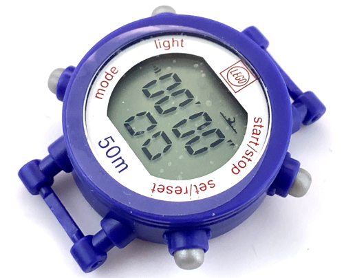 Watch Part, Case Digital - Pearl Light Gray Buttons, Silver Face, Red Brick 1 x 1 and Labels, Violet '50m'