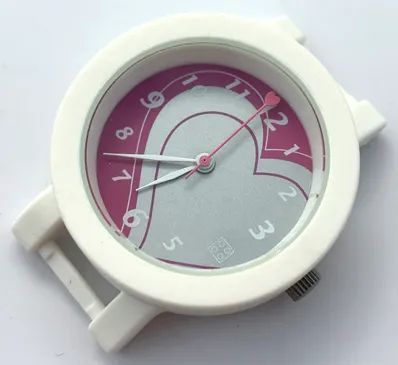 Watch Part, Case Analog, Belville - Brick 2 x 2 and Hearts, Silver Hour and Minute Hands, Dark Pink Second Hand with Heart