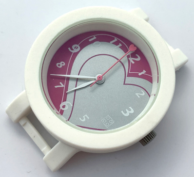 Watch Part, Case Analog, Belville - Brick 2 x 2 and Hearts, Silver Hour and Minute Hands, Dark Pink Second Hand with Heart