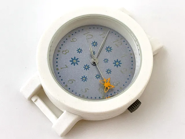 Watch Part, Case Analog - Brick 2 x 2 and Flowers, Silver Hour and Minute Hands, Silver Second Hand with Orange Butterfly