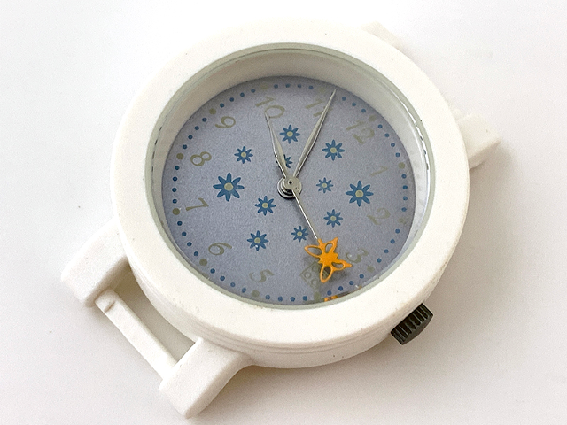 Watch Part, Case Analog - Brick 2 x 2 and Flowers, Silver Hour and Minute Hands, Silver Second Hand with Orange Butterfly