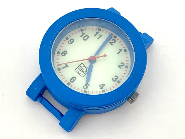 Watch Part, Case Analog - Brick 1 x 1, Blue Hour and Minute Hands, Red Second Hand, Band Attachments