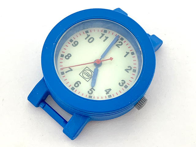 Watch Part, Case Analog - Brick 1 x 1, Blue Hour and Minute Hands, Red Second Hand, Band Attachments