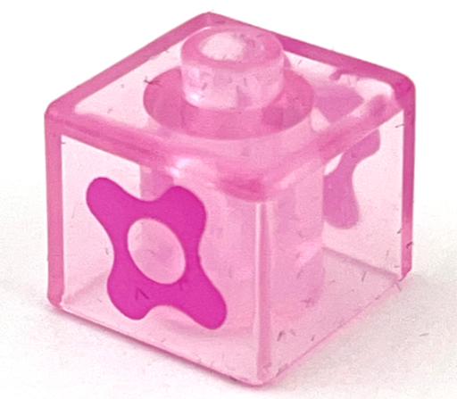 Bead, Square with Dark Pink Flower with 4 Petals Pattern on Opposite Sides