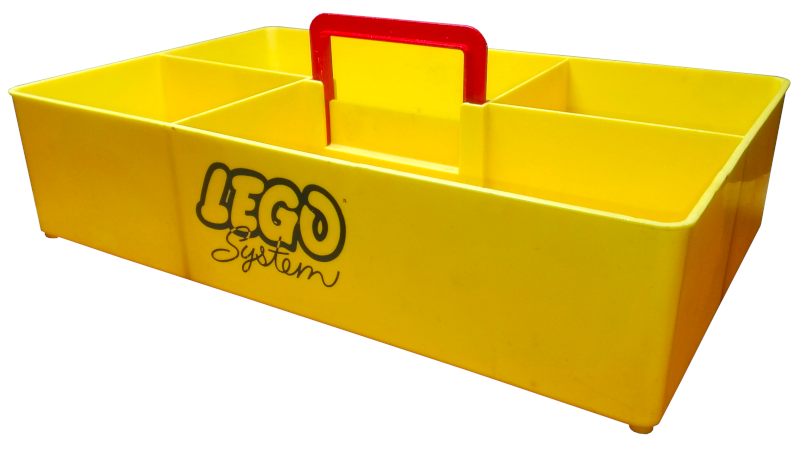 Storage Bin with Retractable Red Handle on Top - LEGO System Pattern