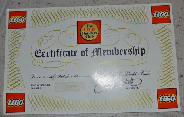 The LEGO Builders Club Certificate of Membership (small)