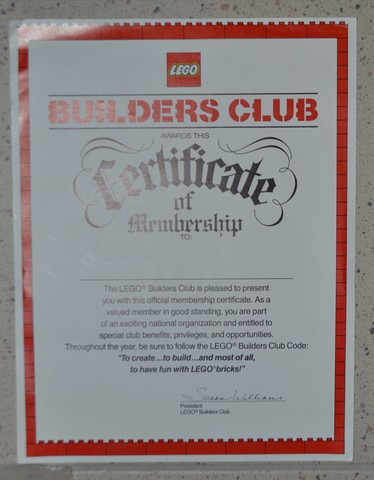 The LEGO Builders Club Certificate of Membership (large)