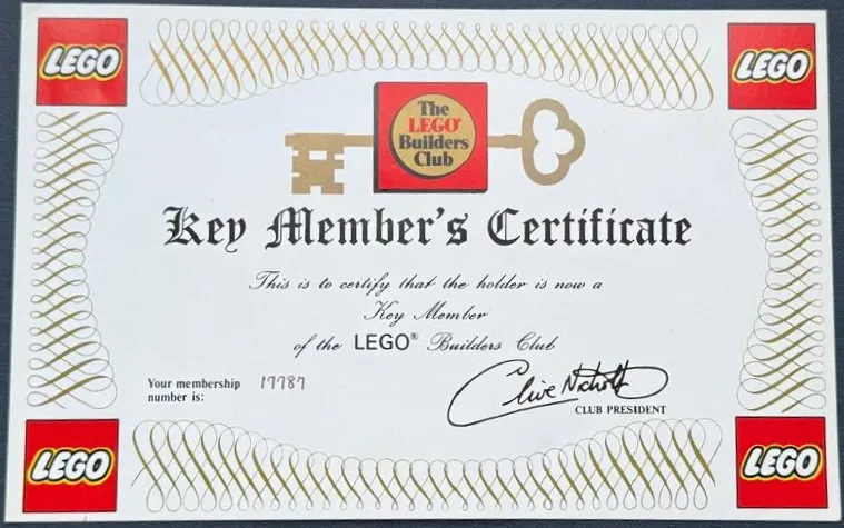 The LEGO Builders Club Certificate of Membership - Key Member's Certificate