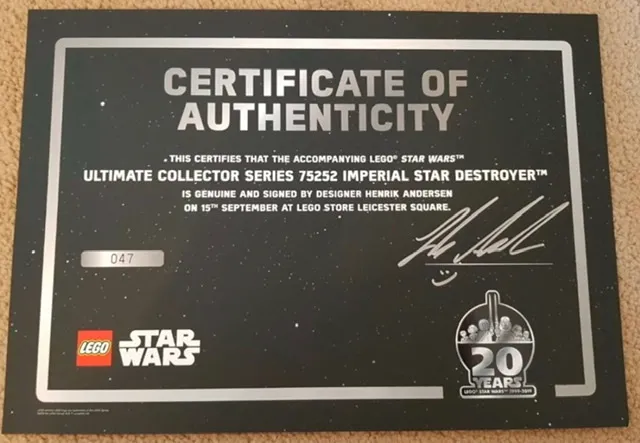 Star Wars UCS ISD 75252 Certificate, 20th Anniversary (UK Launch, Designer Signed)
