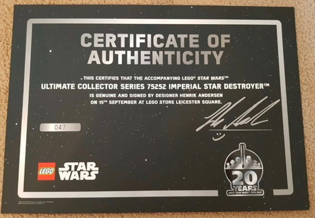 Star Wars UCS ISD 75252 Certificate, 20th Anniversary (UK Launch, Designer Signed)