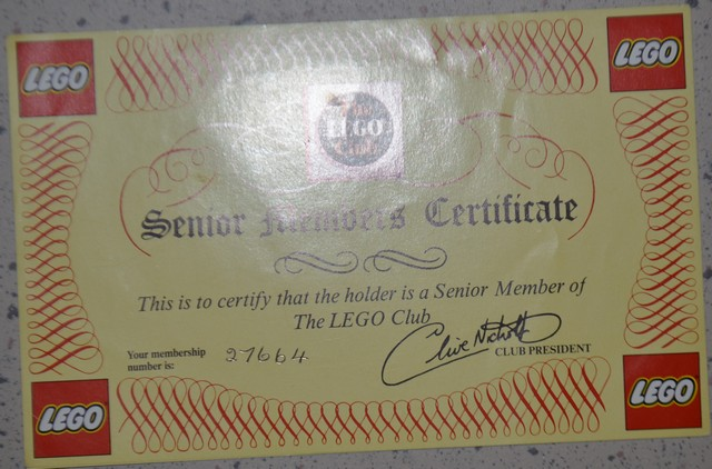 The LEGO Club Senior Members Certificate