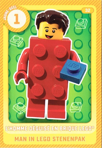 Create the World Trading Card #  32 L'Homme Déguisé en Brique LEGO / Man in LEGO Stenenpak (Belgian)