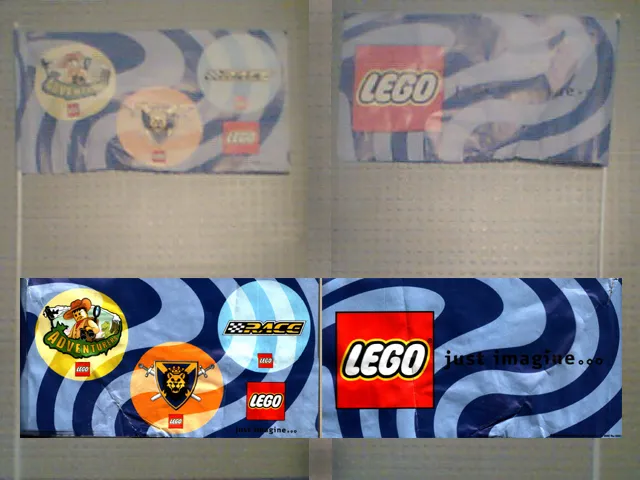 Flag, Paper, Blue Waves Background, Lego & Just Imagine logos one side, Adventurers, Knights Kingdom I, Race logos other side