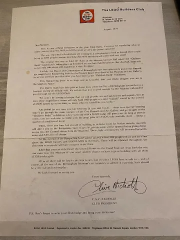 Invitation Letter for LEGO Builders Club Rally, Birmingham 1979