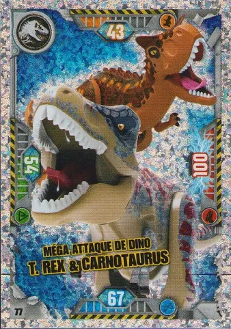Jurassic World Trading Card Game (French) Series 1 - # 77 Méga Attaque de Dino T. rex & Carnotaurus
