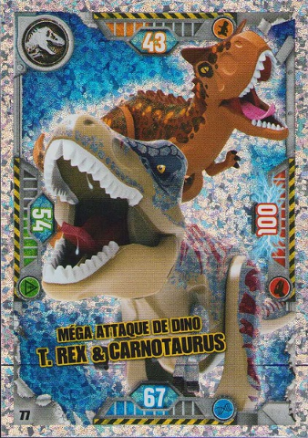 Jurassic World Trading Card Game (French) Series 1 - # 77 Méga Attaque de Dino T. rex & Carnotaurus