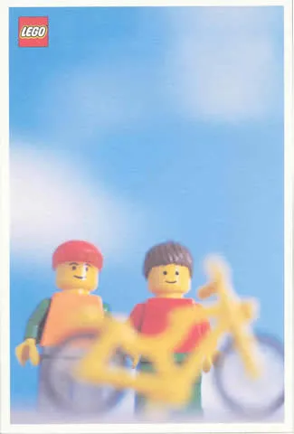 Postcard - Lego Art Project 2000 - 001 - 2 Minifigures and Yellow Bicycle