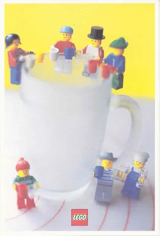 Postcard - Lego Art Project 2000 - 012 - 7 Minifigures with Cups and Glasses Hanging from Large Cup