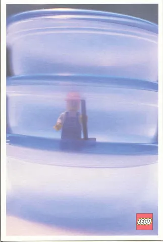 Postcard - Lego Art Project 2000 - 013 - Minifigure with Push Broom Inside Middle of 3 Clear Containers